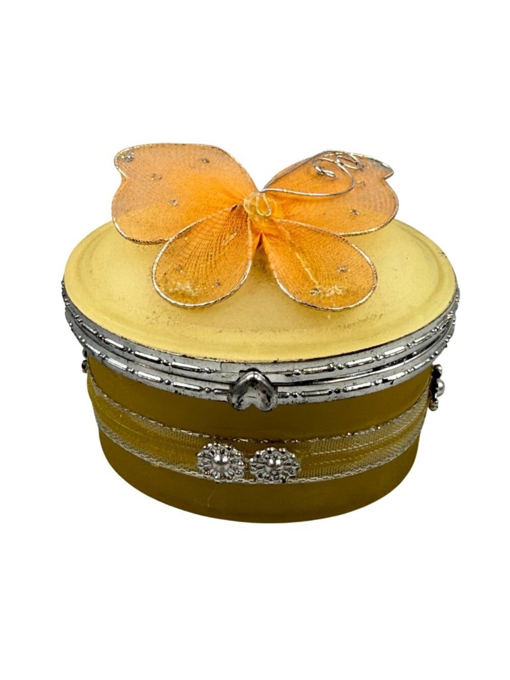 Jewelry Trinket Box Yellow Shade Orange Butterfly & Silver Tone Accents